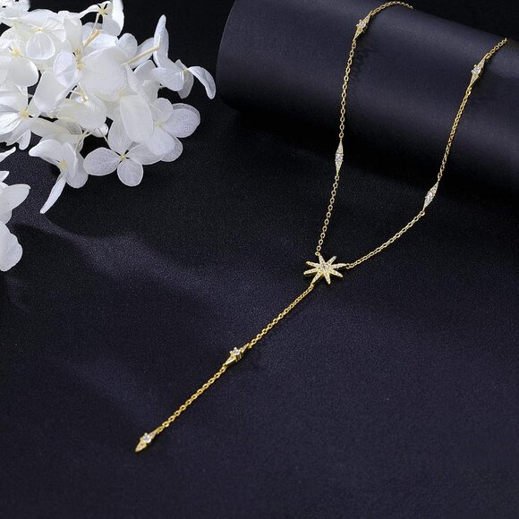 925 Sterling Silver Star Y Necklace for Women Teens CZ Star Necklace Choker Neck - Picture 6 of 7